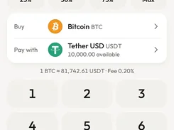 Mobile Buy Bitcoin form with amount keypad, selected BTC and USDT assets, and Preview buy button.