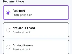 Marengo identity-verification screen for selecting a passport, national ID card, or driving licence.