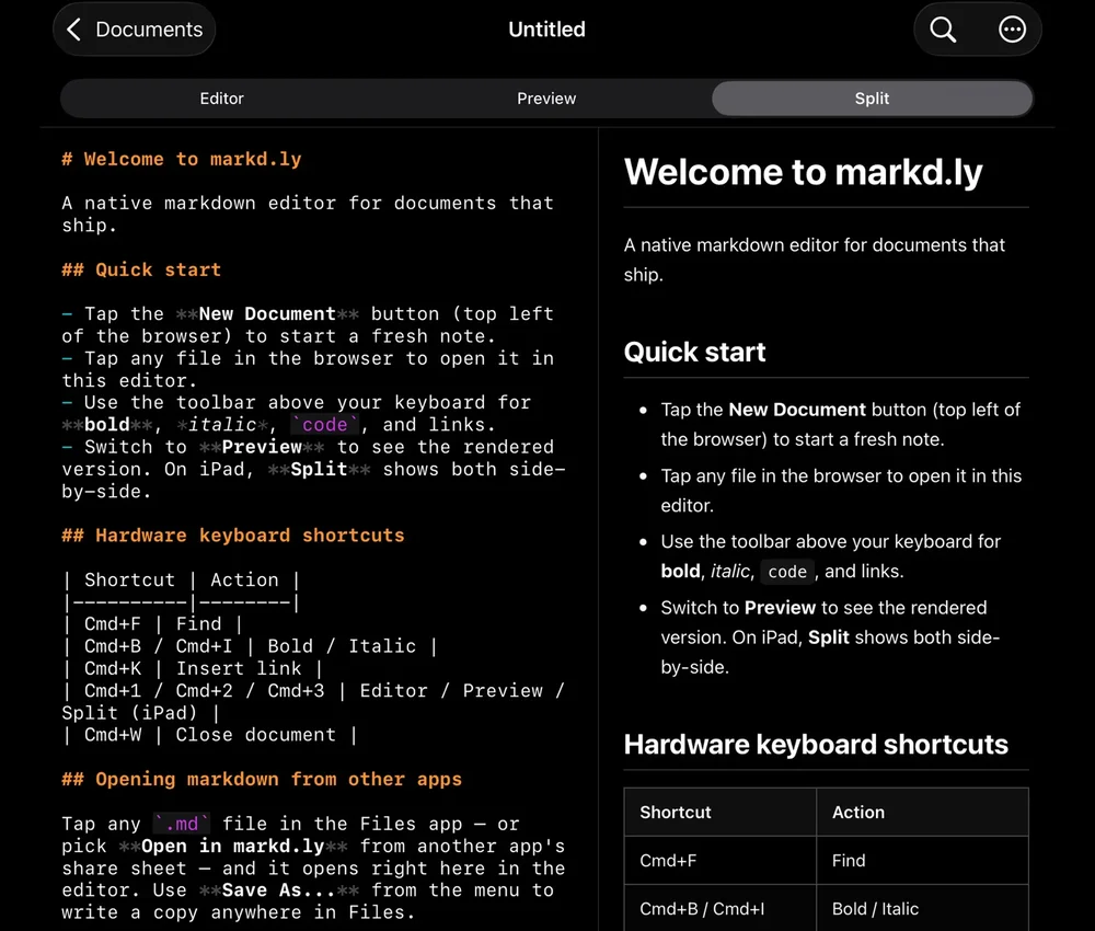 Dark-mode iPad markdown editor with side-by-side source and rendered preview.