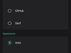 Mobile settings screen with preview font size, themes, and appearance controls.
