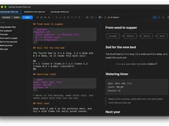 macOS split view with markdown source, rendered content, outline navigation, diagrams, and math.