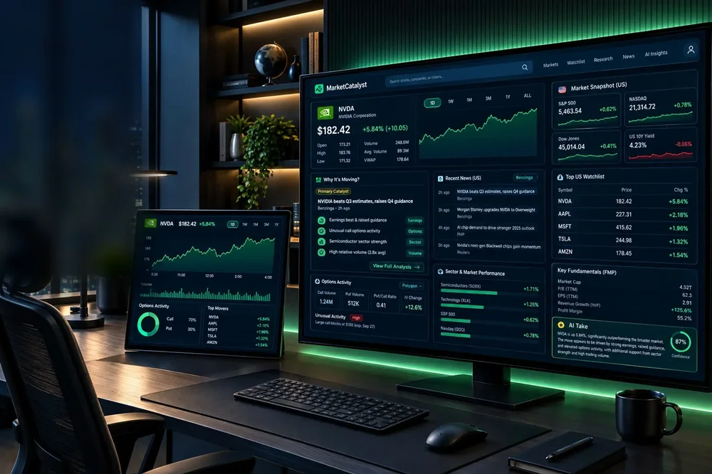 Desktop workstation scene with a monitor and tablet displaying a dark MarketCatalyst financial dashboard with stock charts, market snapshot cards, watchlist data, news, options activity, sector performance, and an AI analysis panel.