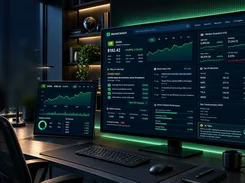Desktop workstation scene with a monitor and tablet displaying a dark MarketCatalyst financial dashboard with stock charts, market snapshot cards, watchlist data, news, options activity, sector performance, and an AI analysis panel.