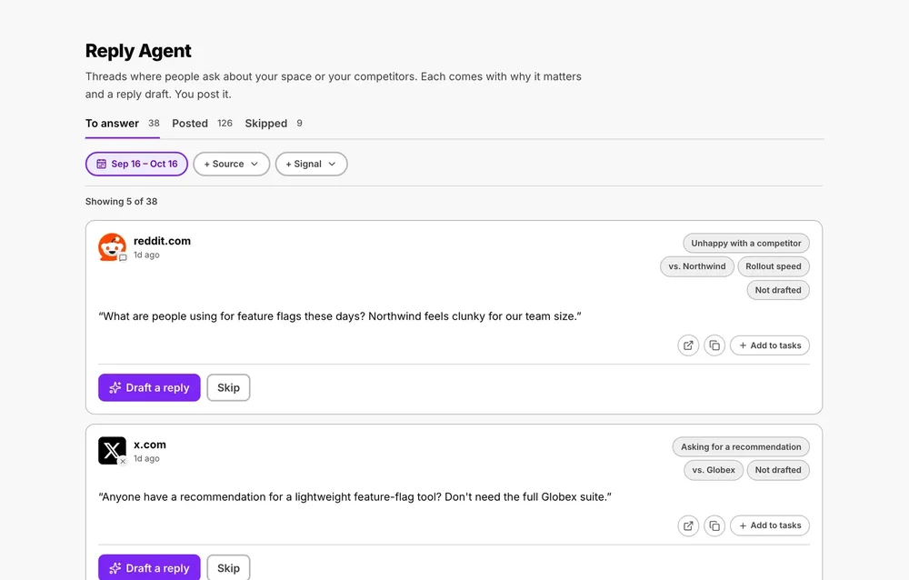 Reply Agent interface showing social posts to answer, categorization tags, and buttons to draft a reply or skip the post.