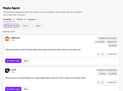 Reply Agent interface showing social posts to answer, categorization tags, and buttons to draft a reply or skip the post.