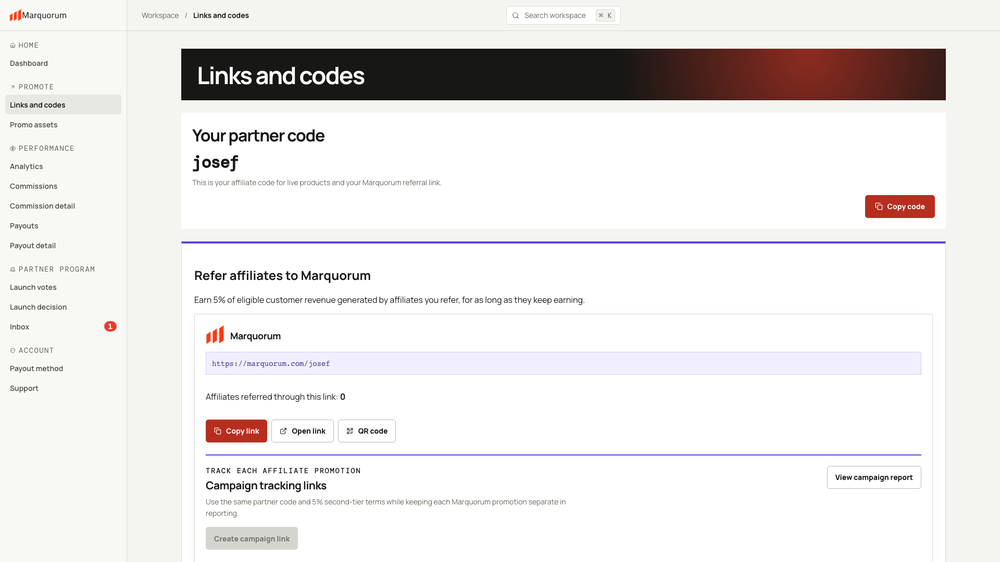 Marquorum product demonstration: partner links, reusable partner code and QR-code tools.
