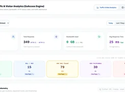 Web traffic analytics dashboard with visitor counts, HTTP status codes, bandwidth, and response time.
