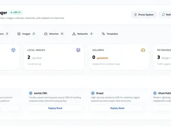 Docker Manager dashboard with container, image, volume, network, and curated-stack controls.