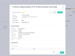 Plan, Approve, Deploy - Changes can be proposed rather than applied immediately. Reviewers see who proposed the change, what it touches, and the full snapshot of parameters, then run a plan or approve it into the deployment queue — governance without slowing developers down.