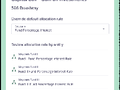 Capital Call - Gain on Investments screen for 598 Broadway, showing allocation-rule selection and fund entities to review.