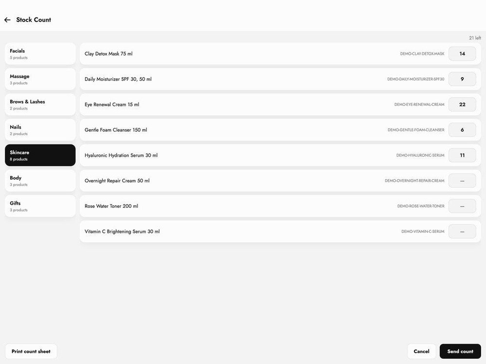 Stock Count screen listing product categories, skincare product names, SKU-style identifiers, inventory counts, and buttons to print, cancel, or send a count.
