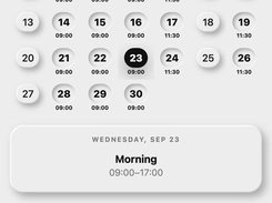Mobile September 2026 work calendar showing scheduled start times and a selected Wednesday shift from 09:00 to 17:00.
