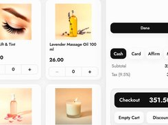 Point-of-sale checkout screen showing beauty products in a cart, payment method buttons, subtotal, tax, and a checkout total.