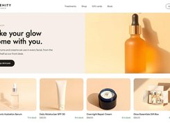 Online skincare shop page for Serenity Skin Studio with navigation, a skincare promotion, product cards, prices, stock counts, and a cart indicator.