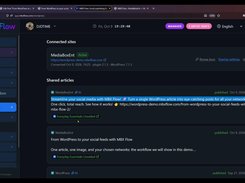 WordPress connected to MBX Flow, with shared articles published to Facebook.