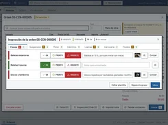 MecanicaMaestra order inspection dialog with tabs for vehicle systems and controls to mark brake findings as OK, soon, or urgent.