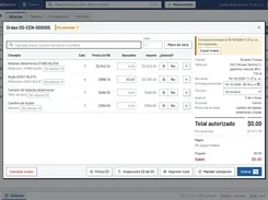 MecanicaMaestra order detail screen listing parts, labor, quantities, prices, authorization controls, and customer vehicle details.