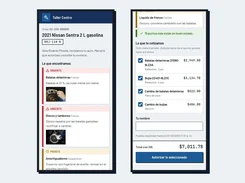 Two mobile-format Taller Centro customer authorization screens showing inspection findings, quoted services, prices, and an authorization button.