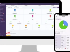 Desktop Medicolize dashboard with patient, appointment, operation, finance, task, and communication metrics beside a mobile payments chart.
