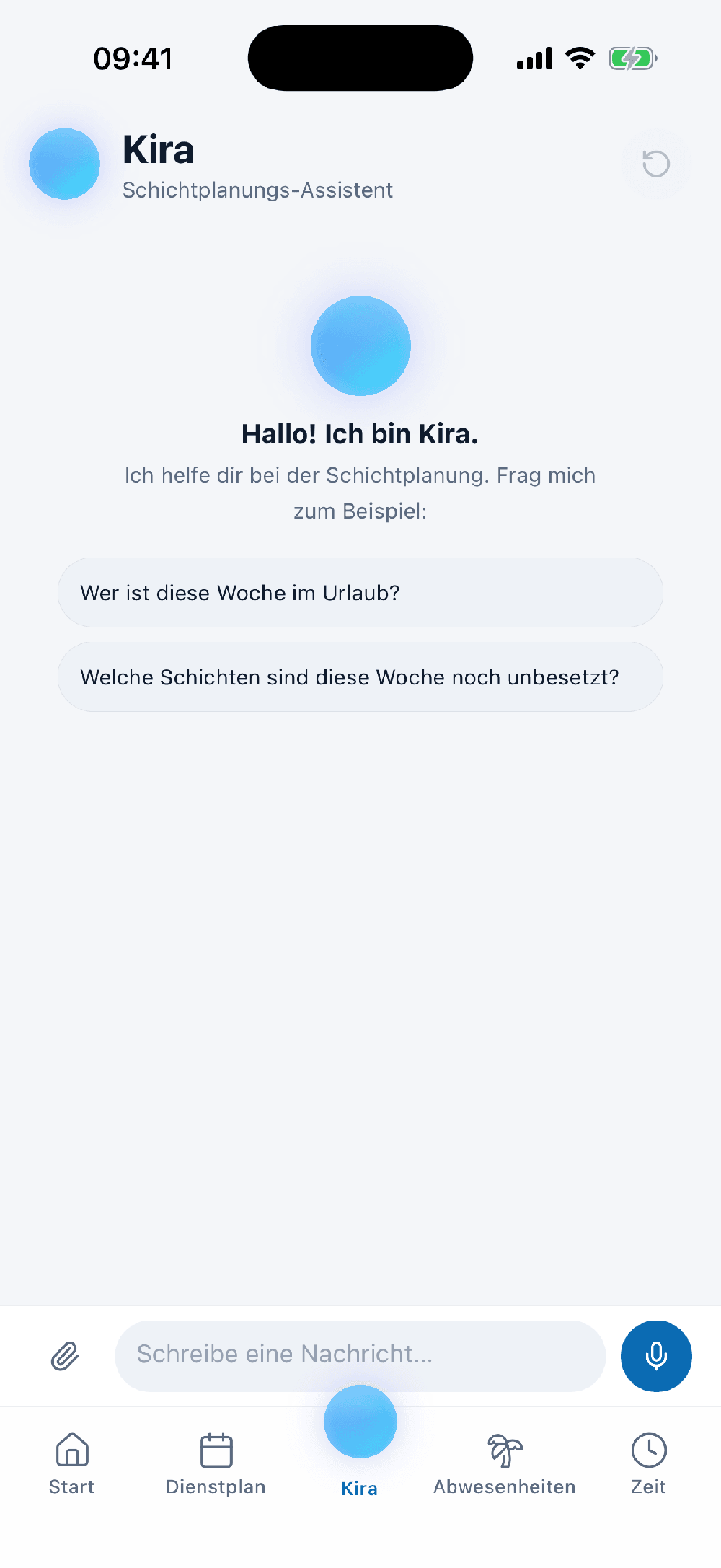 Mobile screen for the Kira shift-planning assistant, with example questions about vacation and unfilled shifts.