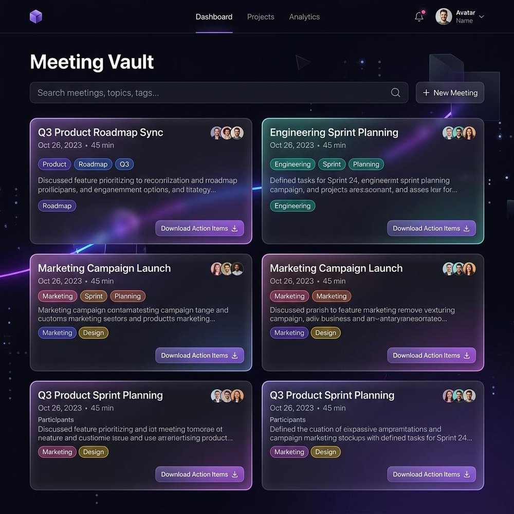 Meeting vault dashboard with searchable meeting cards, tags, and action-item downloads.