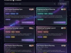 Meeting vault dashboard with searchable meeting cards, tags, and action-item downloads.