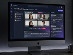 Desktop meeting dashboard with video call, live transcript, AI summary, and action items.