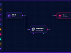 Visual flow editor connecting a chat start node to a VibeAgent node and end node.