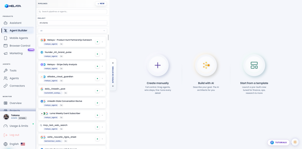 Agent Builder in light theme. Start a multi-agent workflow three ways: build manually, describe your goal for AI to architect, or launch from a template.