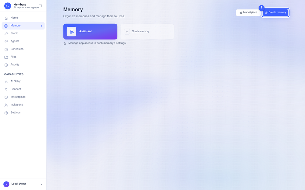 Membase AI memory workspace on the Memory page, showing an Assistant memory card and controls for Marketplace and Create memory.