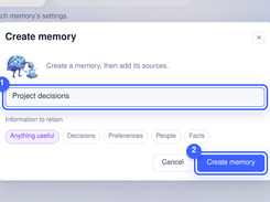 Membase Create memory dialog with a name field set to “Project decisions,” retention-type choices, and a Create memory button.