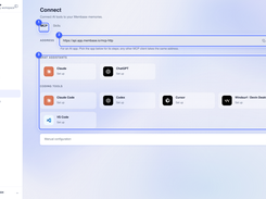 Membase Connect page showing an MCP address and setup cards for Claude, ChatGPT, Claude Code, Codex, Cursor, Windsurf, and VS Code.