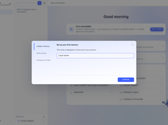 Membase onboarding modal titled “Set up your first memory,” with a name field, setup steps, and a Continue button.