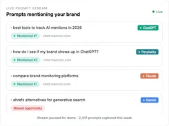 Live Prompt Stream panel listing prompts that mention a brand, with ChatGPT, Perplexity, Claude, and Gemini labels and mention-status badges.