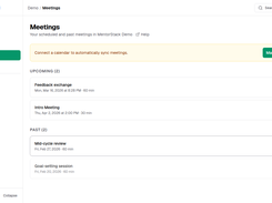 Participants manage upcoming and past mentoring meetings in one place. Demo data shown.