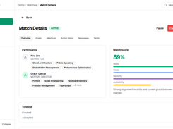 Match details explain fit across skills, goals, seniority, and availability. Demo data shown.
