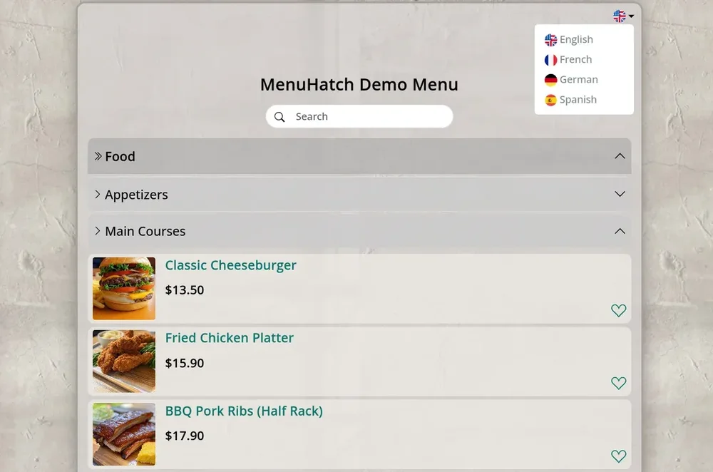 MenuHatch Demo Menu interface with search, language selector, expandable food categories, and menu items with prices and favorite icons.