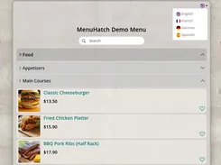 MenuHatch Demo Menu interface with search, language selector, expandable food categories, and menu items with prices and favorite icons.
