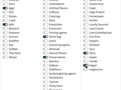 Three-column menu filtering interface with toggle controls for allergens, additives, and food characteristics including vegan and vegetarian.