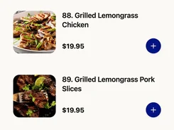 Mobile Pho 68 menu screen filtered to Vermicelli, listing grilled lemongrass dishes with prices, add buttons, and a cart review button.