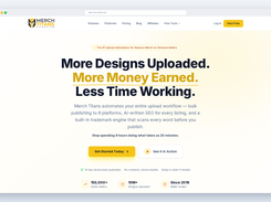 Merch Titans homepage: bulk uploads, AI SEO and trademark checks for merch sellers