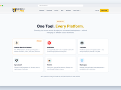 Supported marketplaces including Amazon Merch, Redbubble and Spreadshirt