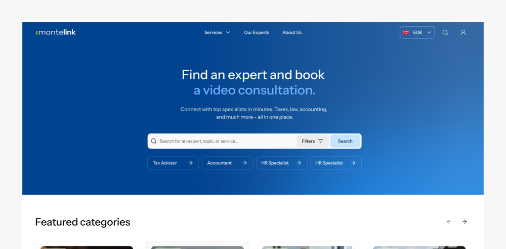 Montelink expert-services marketplace homepage with a search bar, filters, and featured categories.