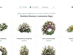 Swedish flower-ordering catalog with ceremony filters, floral product cards, and prices in kronor.