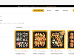 Polish food-ordering marketplace page with category filters and boxed meal listings.