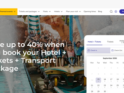 Theme-park booking page showing hotel-and-ticket options and an open date picker over a water-ride image.