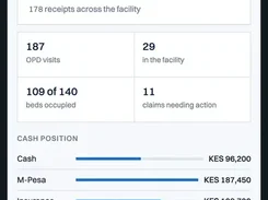 Meridian mobile owner overview for Kimathi Medical Centre showing collections, visits, bed occupancy, claims, cash position, and department totals.