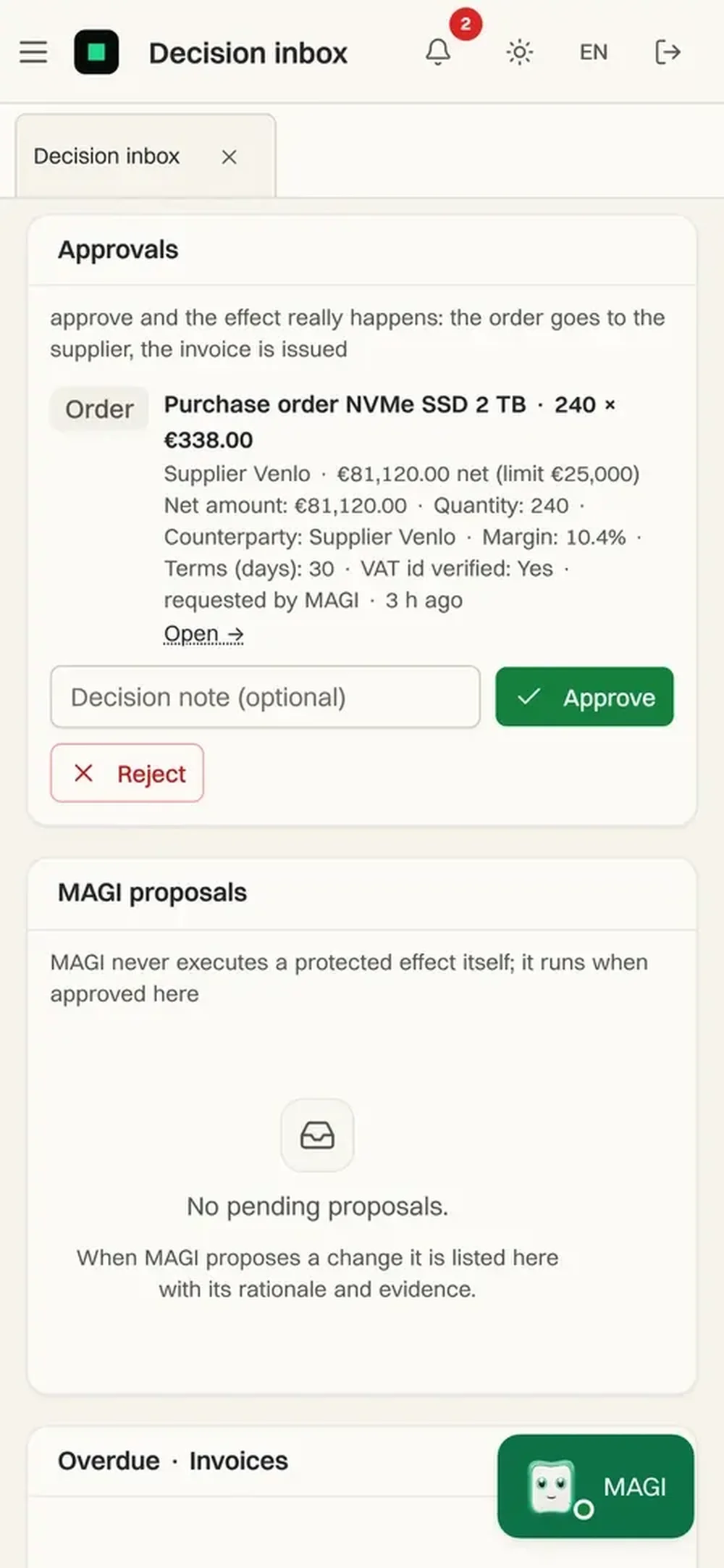 Mobile MertAGI Decision inbox screen showing a purchase-order approval for NVMe SSDs, Approve and Reject buttons, and a MAGI panel.