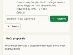 Mobile MertAGI Decision inbox screen showing a purchase-order approval for NVMe SSDs, Approve and Reject buttons, and a MAGI panel.