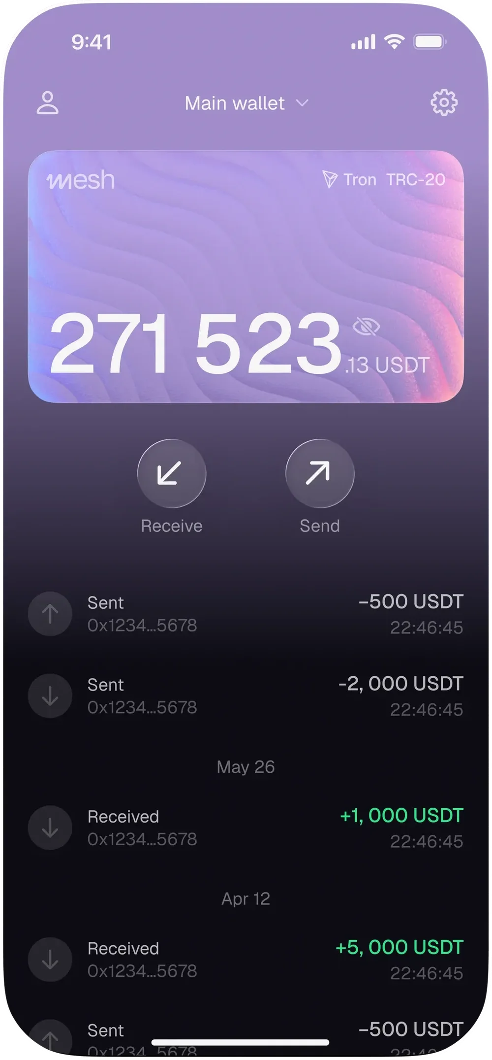 Mobile Mesh wallet screen showing a Tron TRC-20 USDT balance, Receive and Send buttons, and a transaction list.